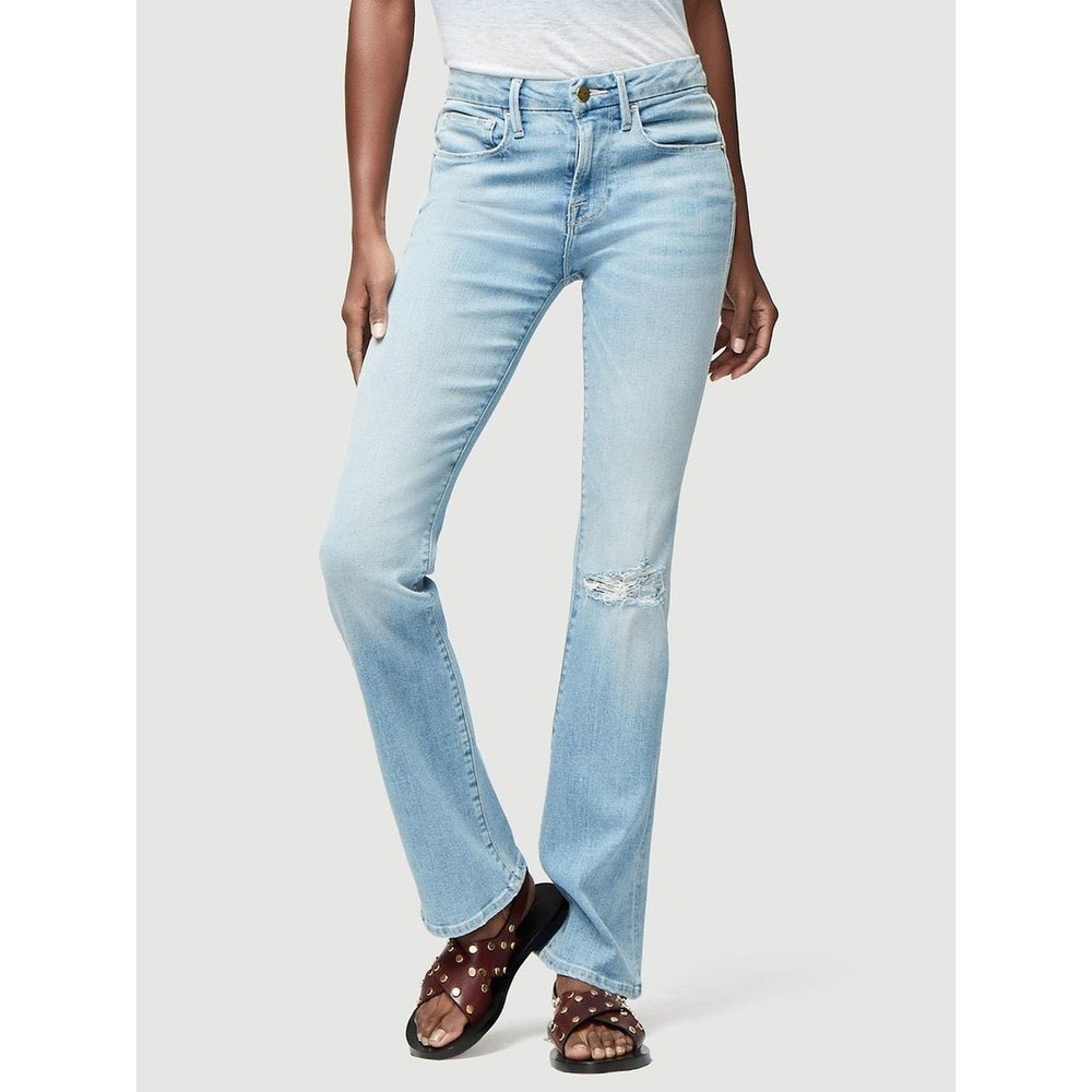 FRAME Le Mini Boot Distressed Jeans Satellite Blue Mid Rise‎ Size 25 LMB665